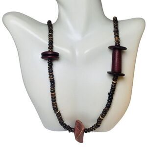 Womens Brown Multicolored Carved Wood Bead Bohemian Vintage Station Necklace 54”